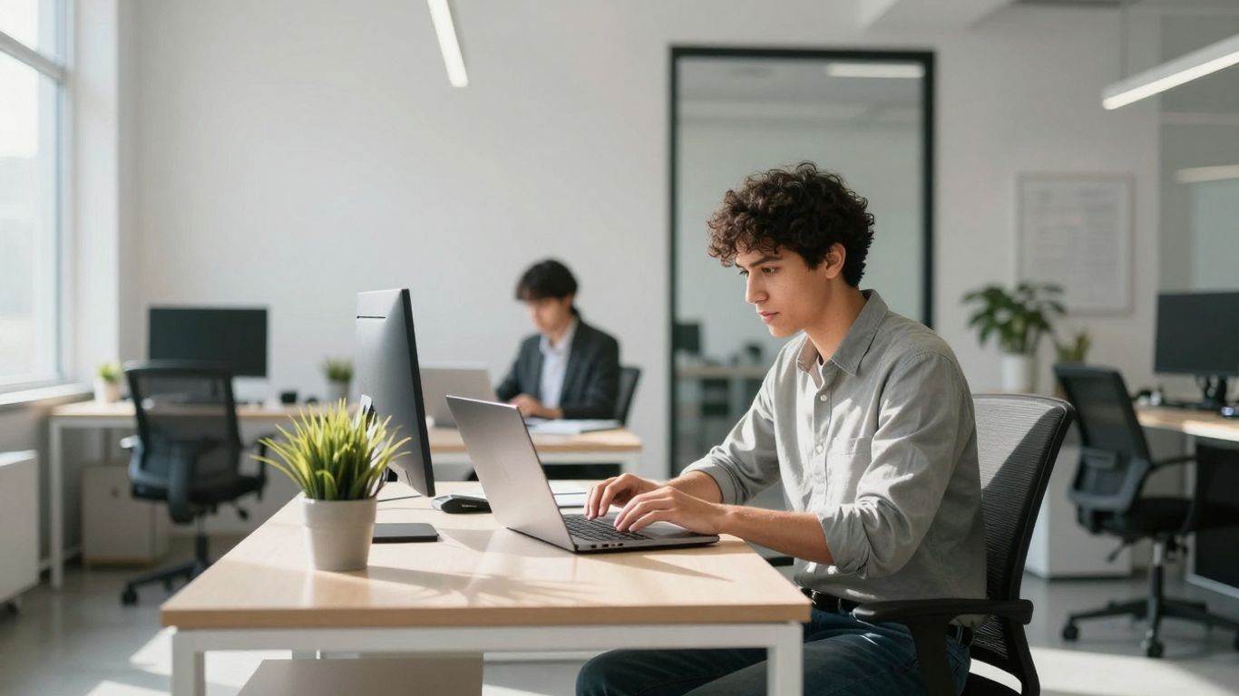 Personne travaillant dans un bureau moderne et lumineux.