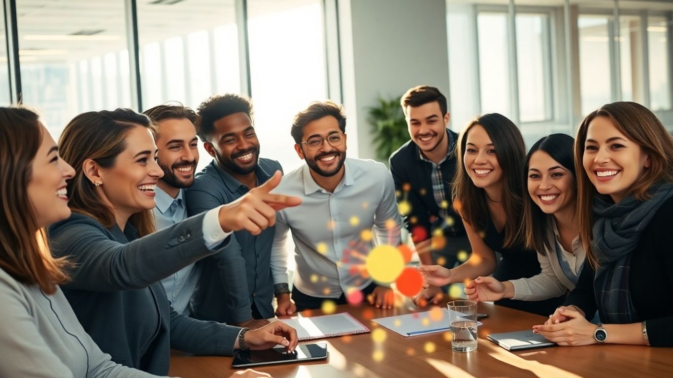 People collaborating in a bright, modern office setting.