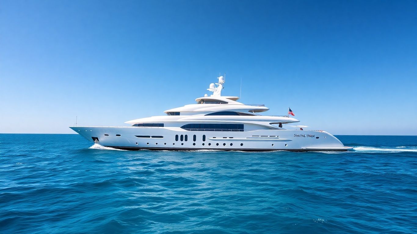 Luxurious 180-foot yacht sailing on a clear blue ocean.