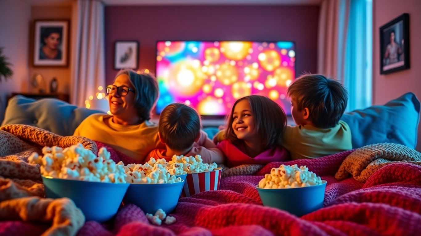 Família assistindo filme com pipoca e cobertores.