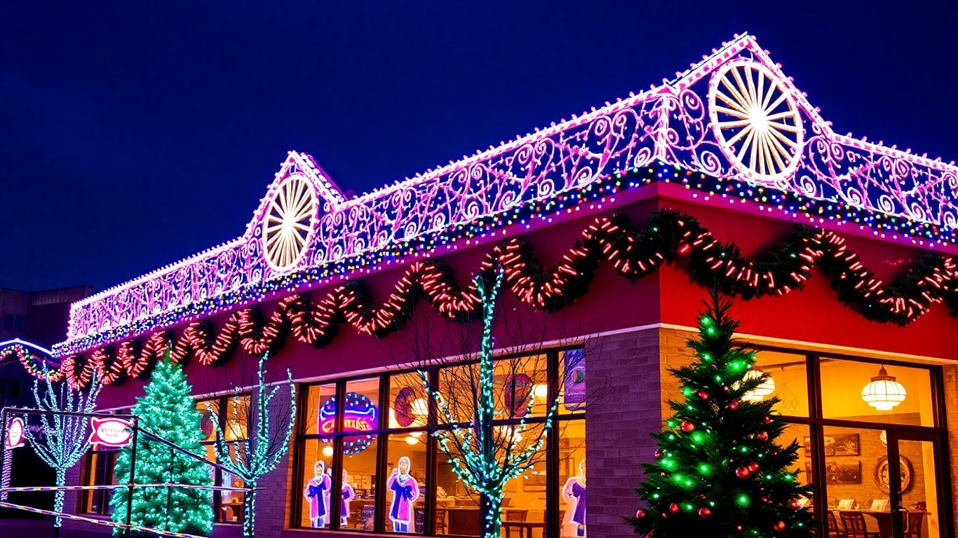 Commercial building with festive Christmas lights.