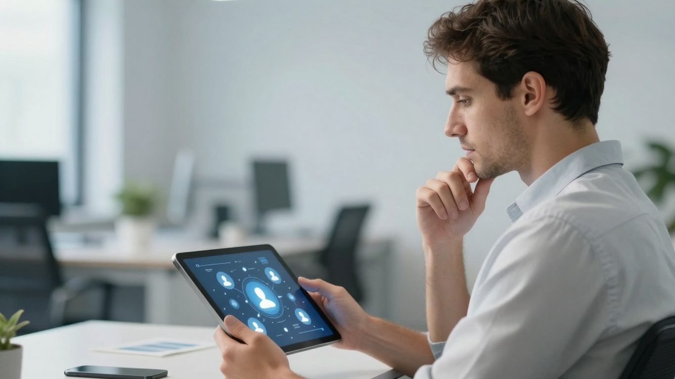 Person schaut auf Tablet mit Social-Media-Symbolen.