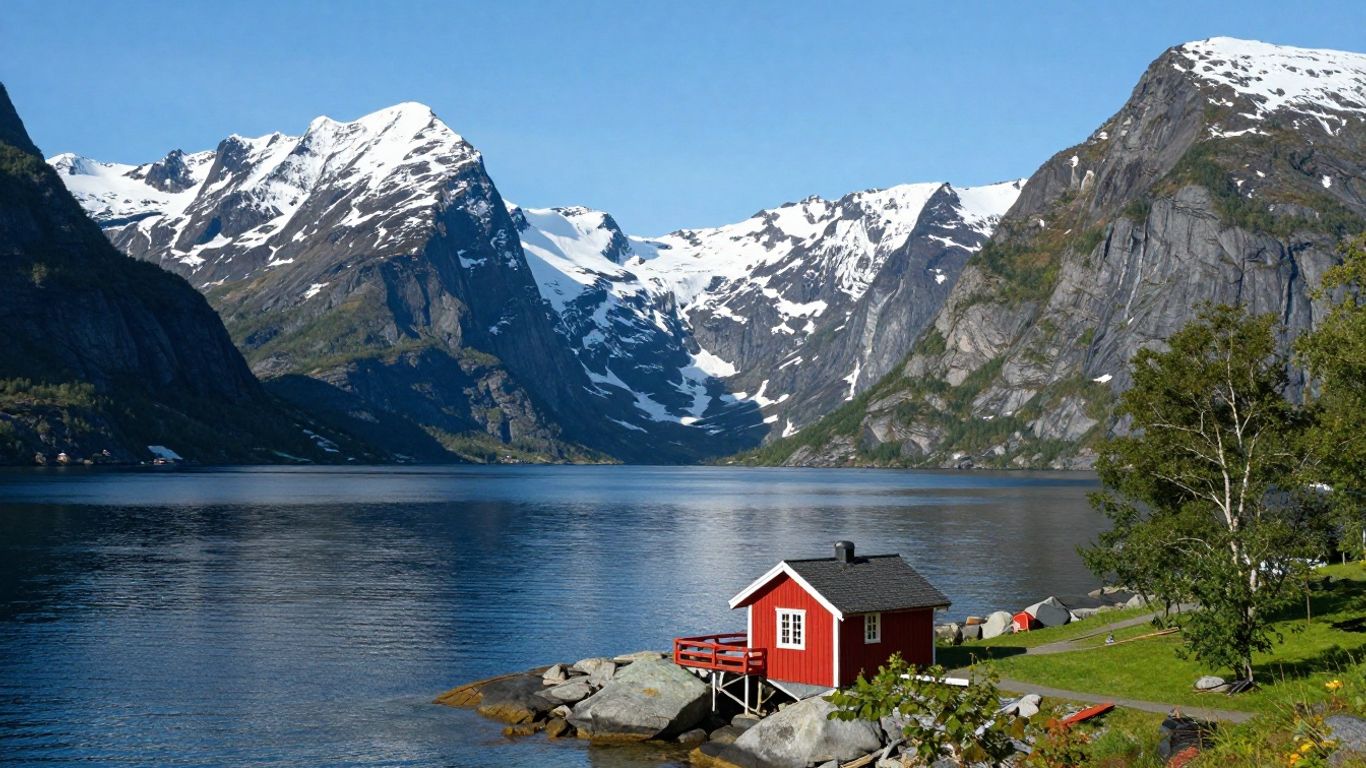 Scenic Norwegian fjord with mountains and a red cabin.