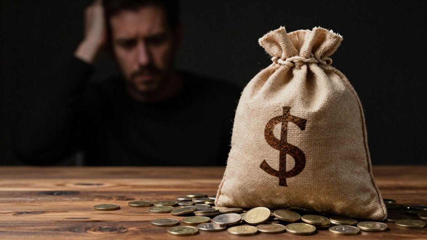 Saci cu bani și monede curgând pe masă.
