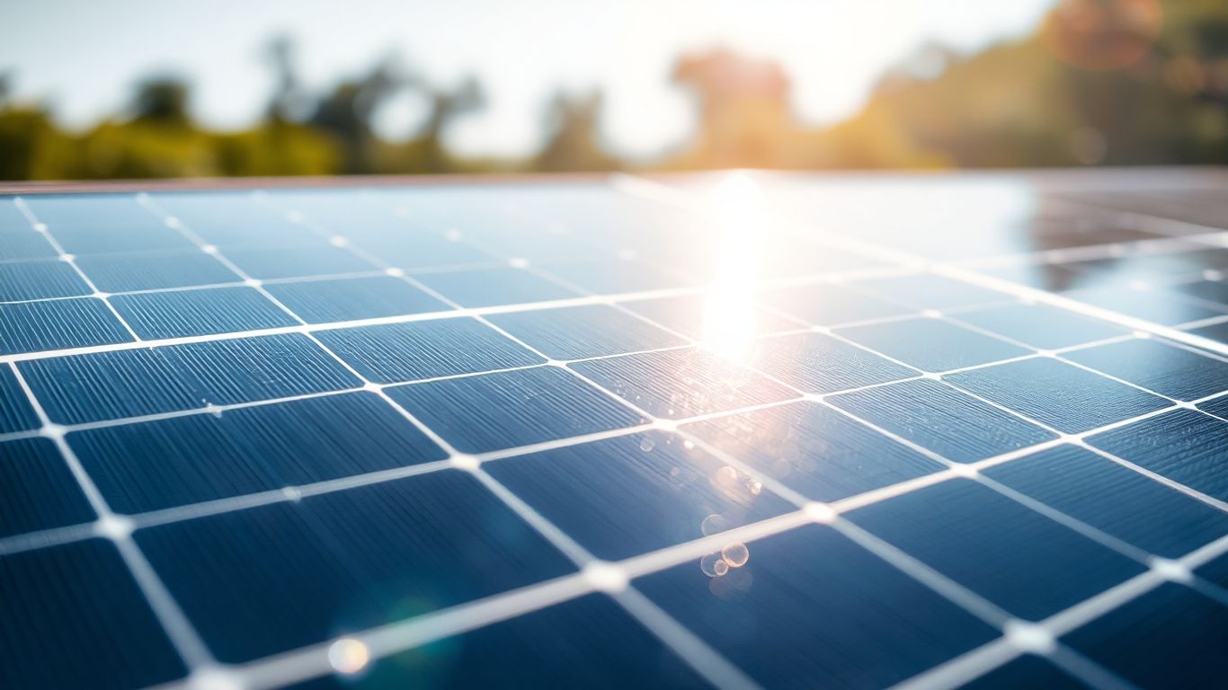 Panneau solaire sous le soleil, gros plan sur les cellules photovoltaïques.