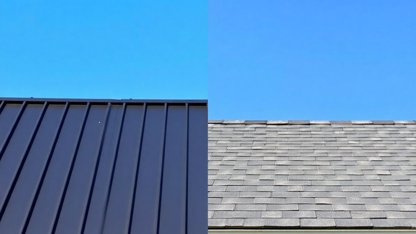 Metal and shingle roofs side-by-side under a blue sky.