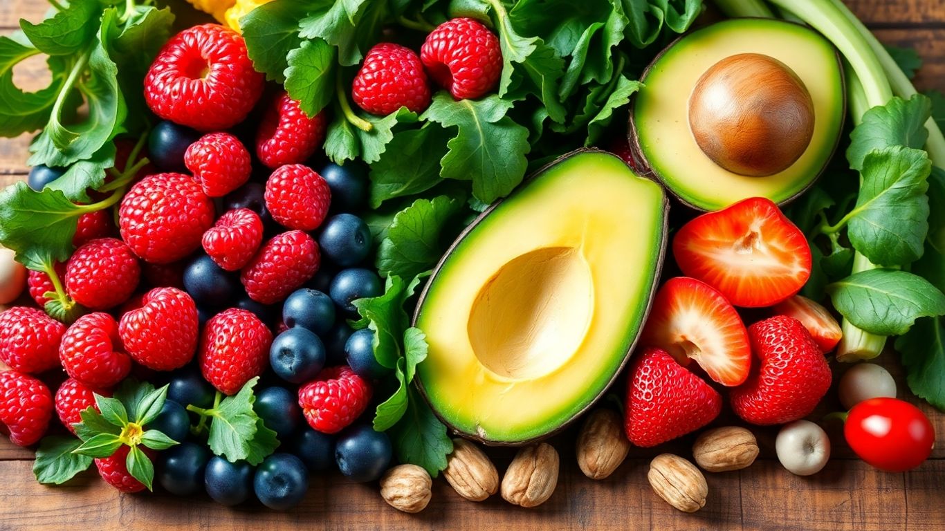 Colorful anti-inflammatory foods like berries, greens, and nuts.