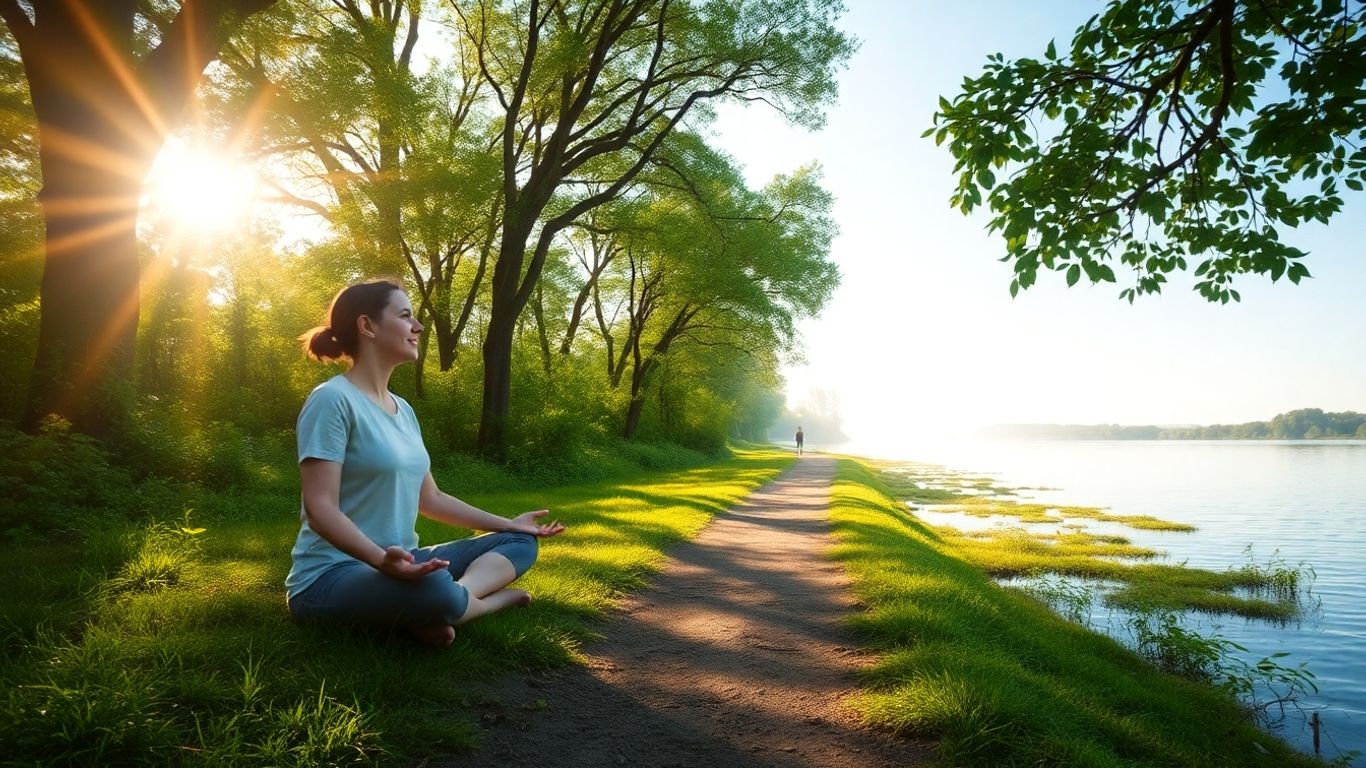 Person meditating in a serene, sunlit natural landscape.