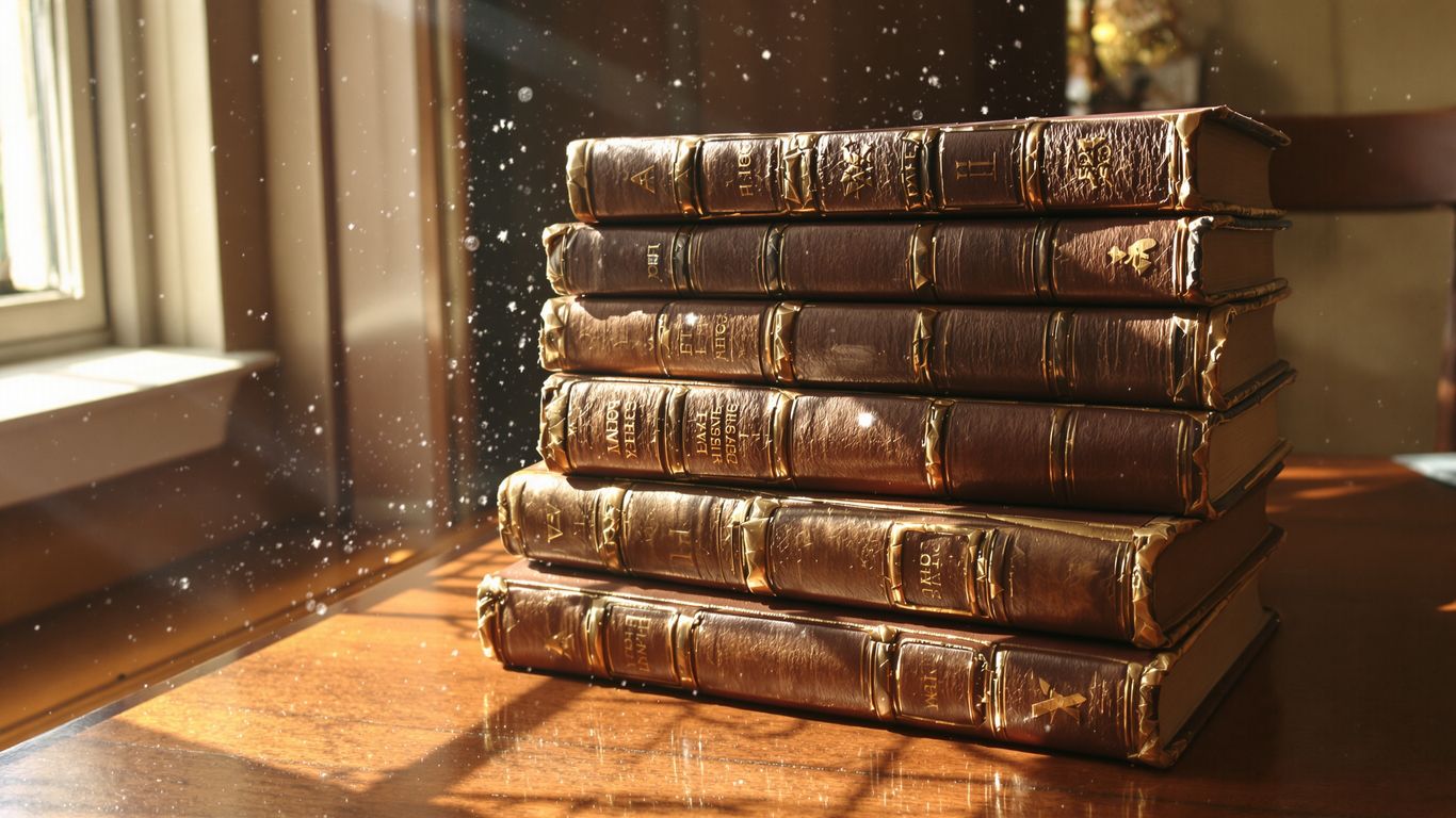 Stack of old books bathed in sunlight.