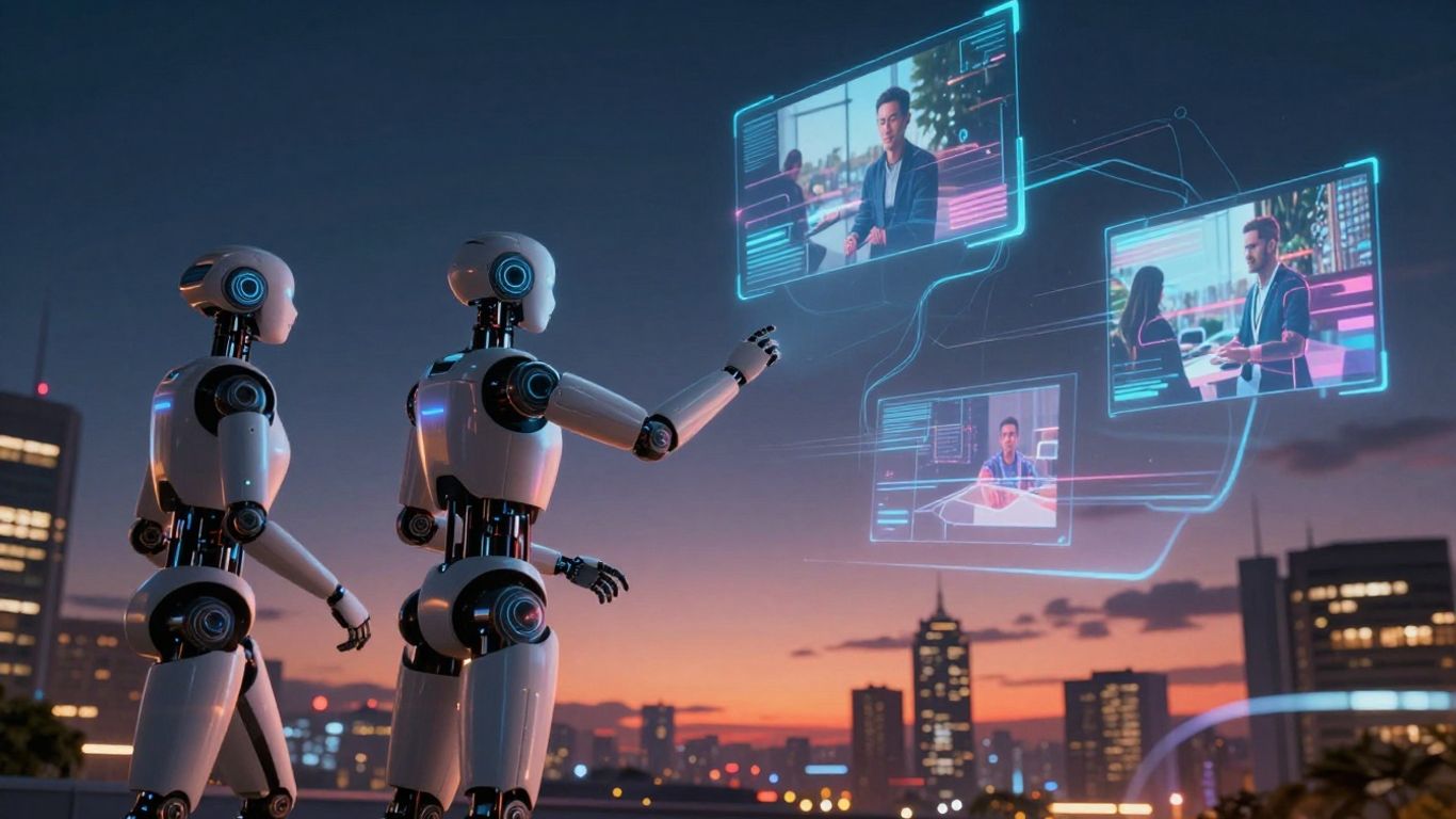 AI robots creating video art in a futuristic city.