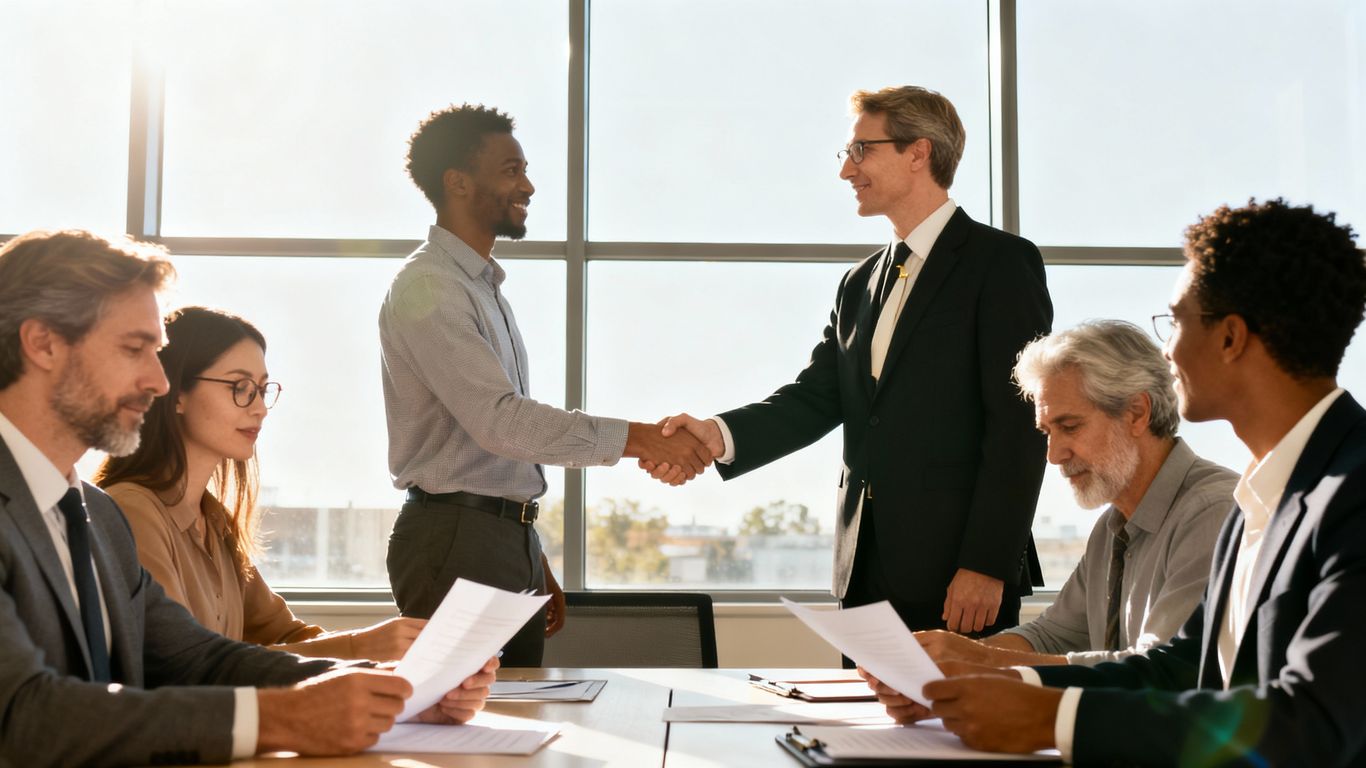 Solicitor shaking hands with a client in an office.