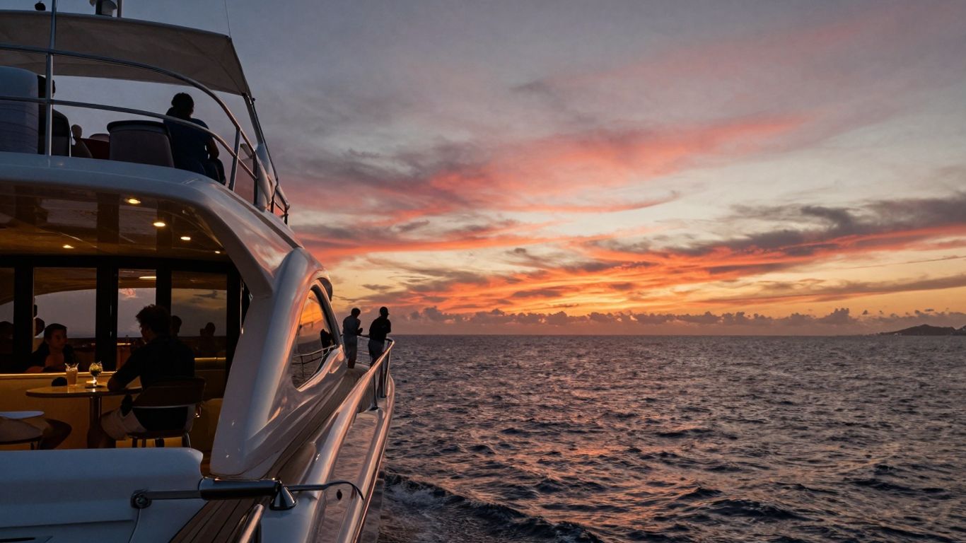 Cabo sunset cruise with people enjoying drinks on a yacht.