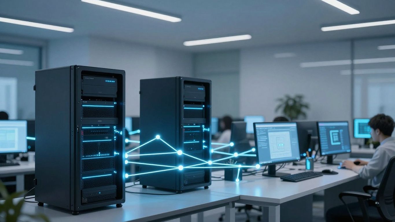 Modern office with connected devices and glowing network lines.