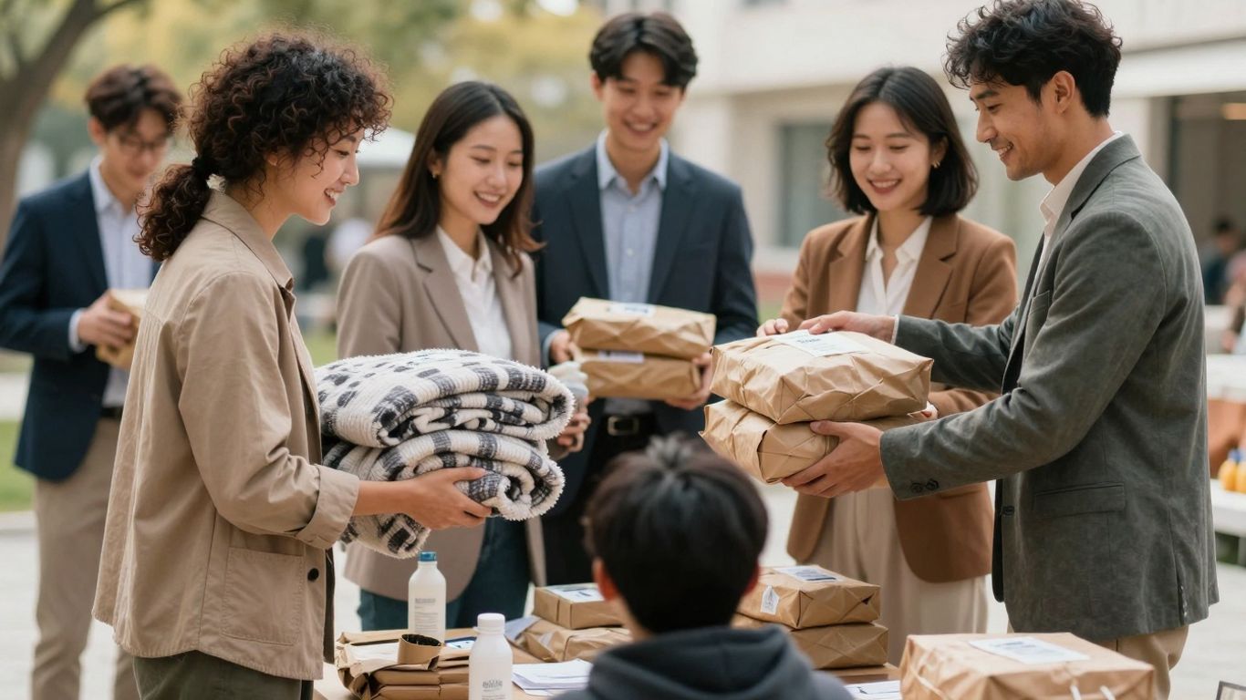 Business people helping the homeless with supplies.