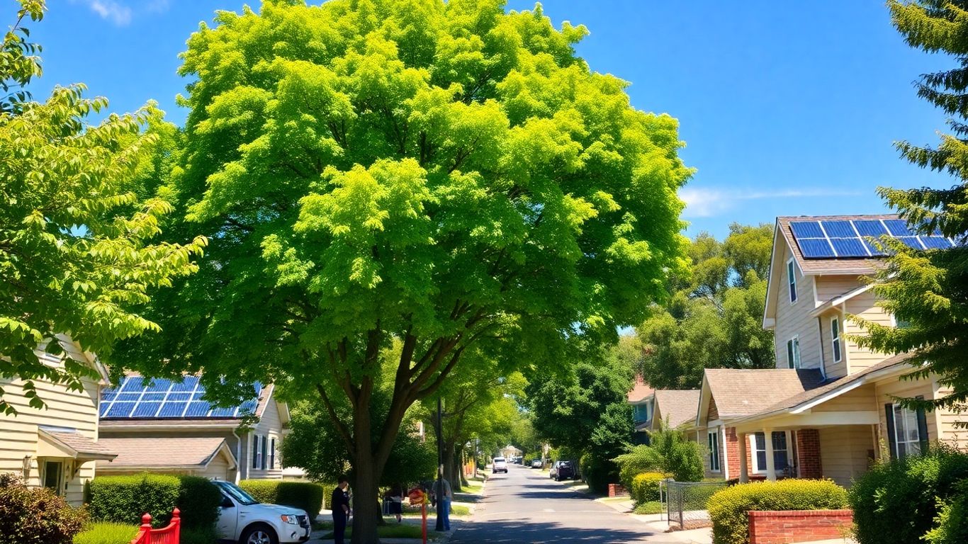Neighborhood with solar panels under a blue sky.