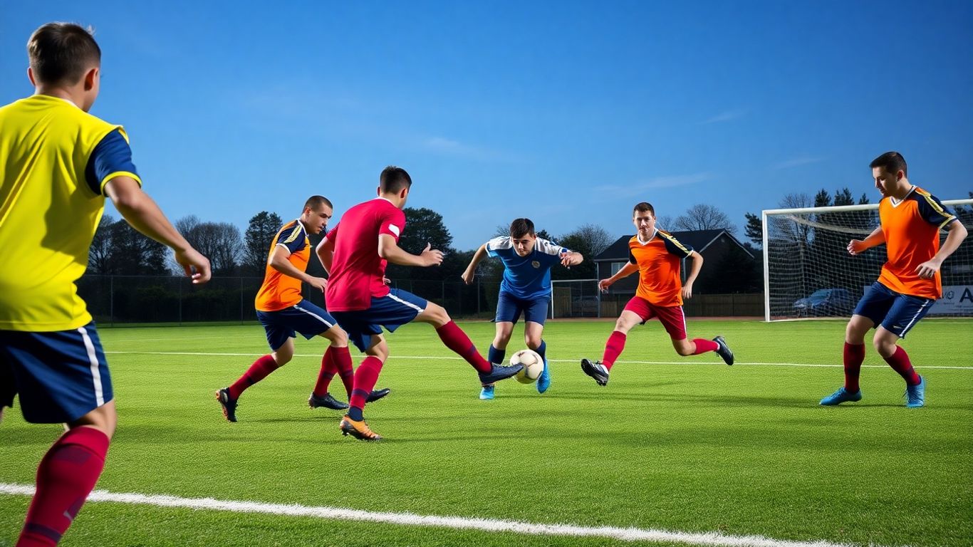 Players in action during a five-a-side football match.
