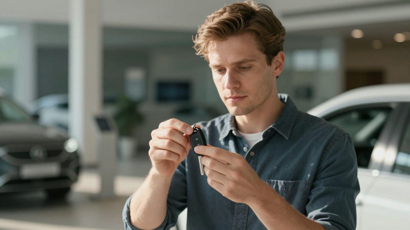 Person holding car key, considering a purchase.