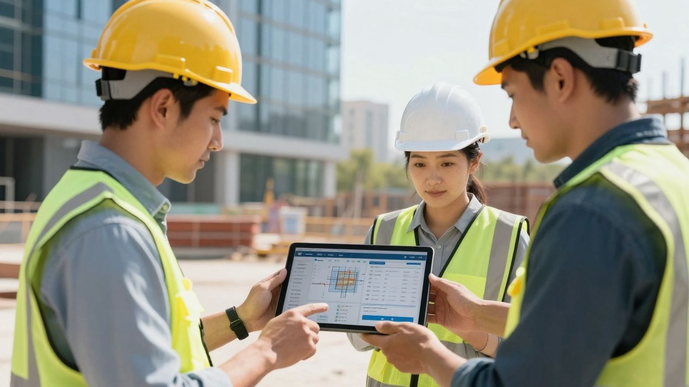 Construction workers using software on a tablet at a site.