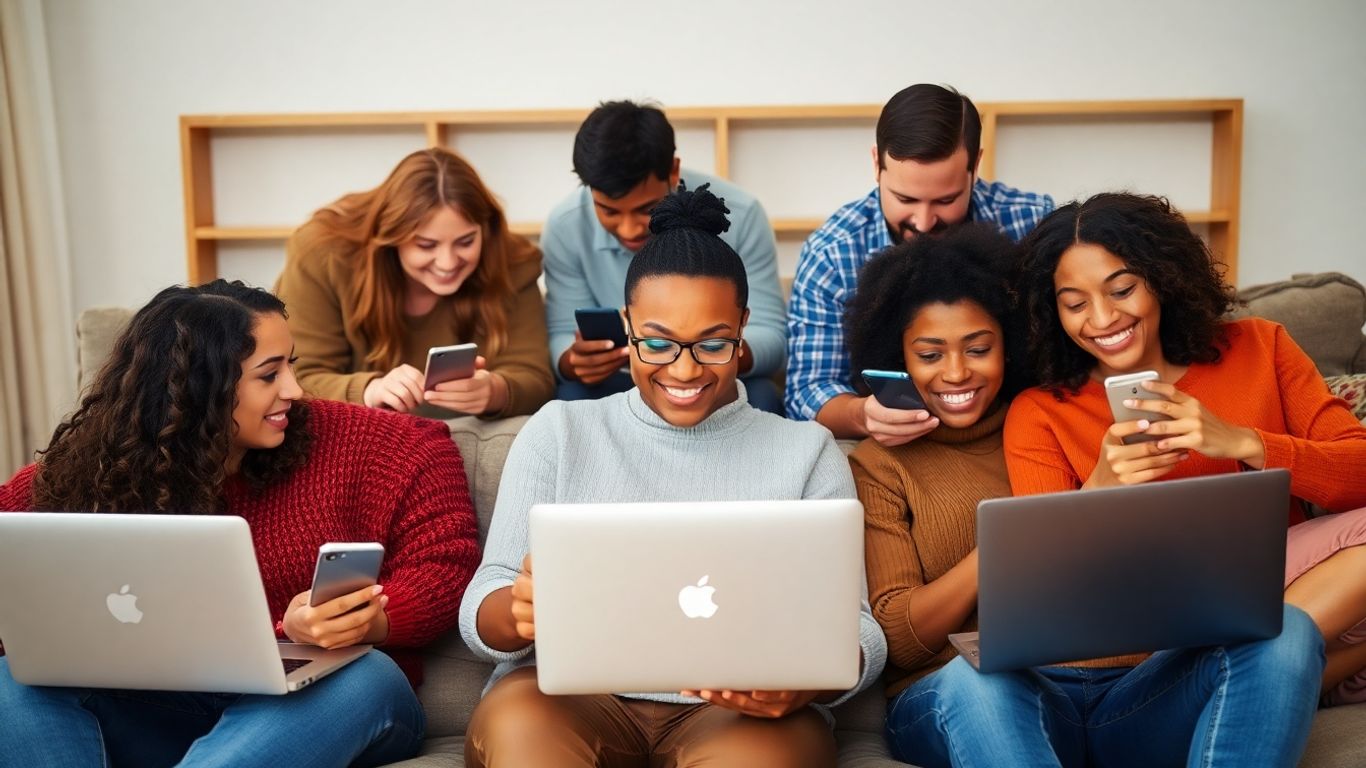 People using laptops and smartphones for telehealth.