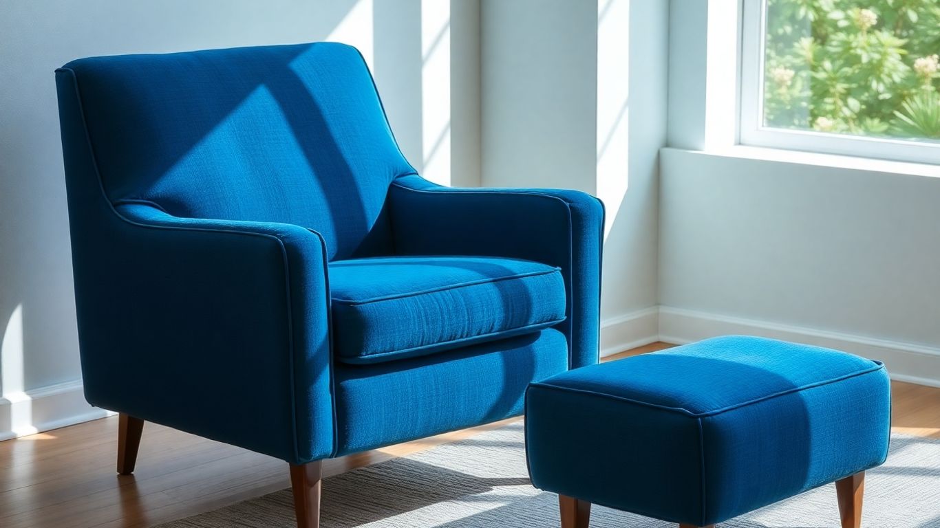 Blue modern armchair and ottoman set.