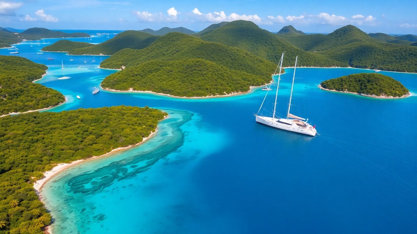 Sailboat, snorkelers, and hikers in BVI tropical paradise