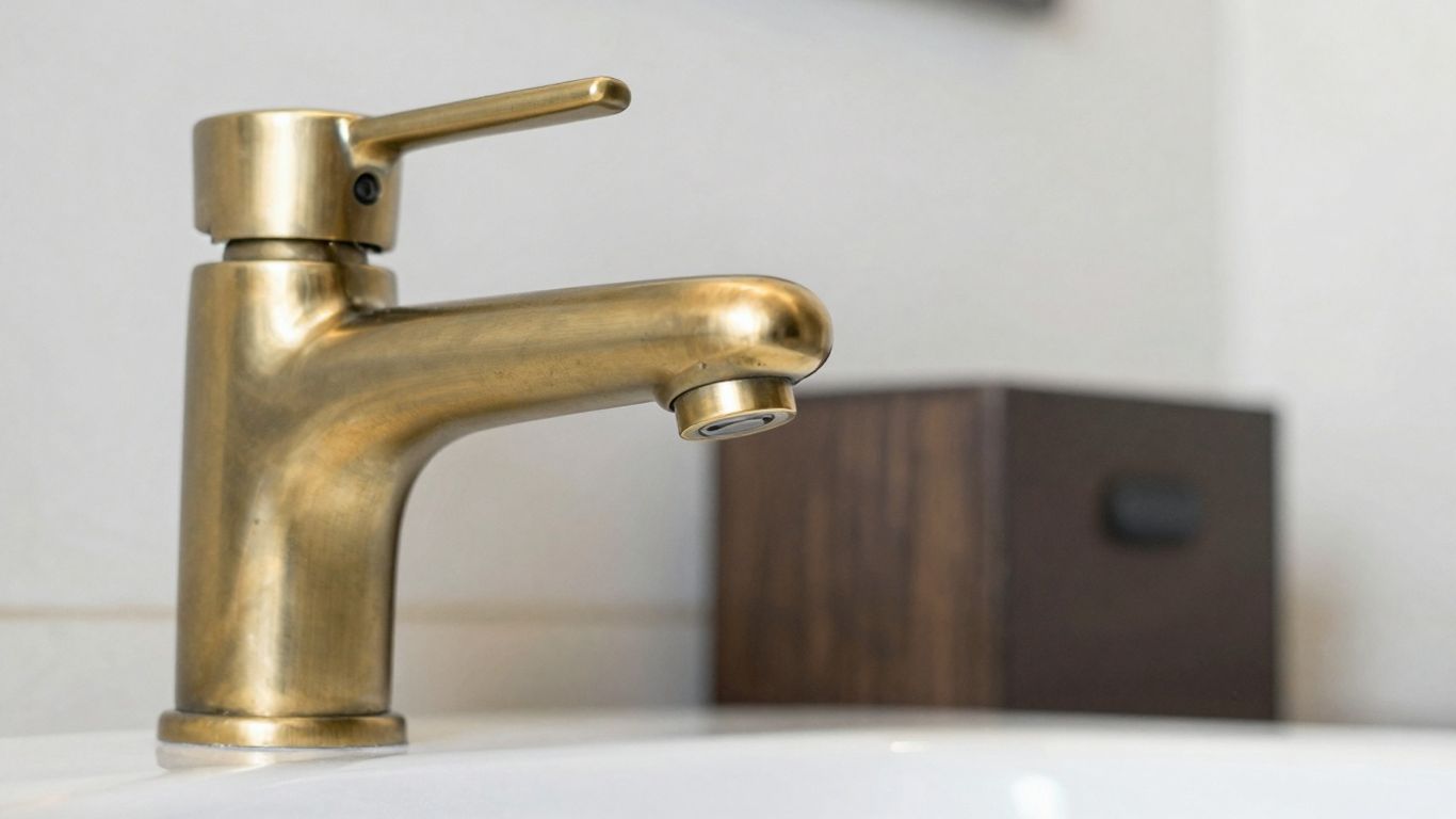 Elegant brass bathroom faucet above a white sink.