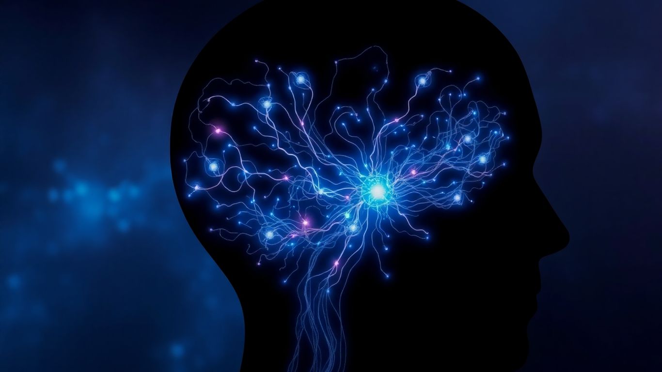 Human head silhouette with digital patterns and glowing neural pathways.