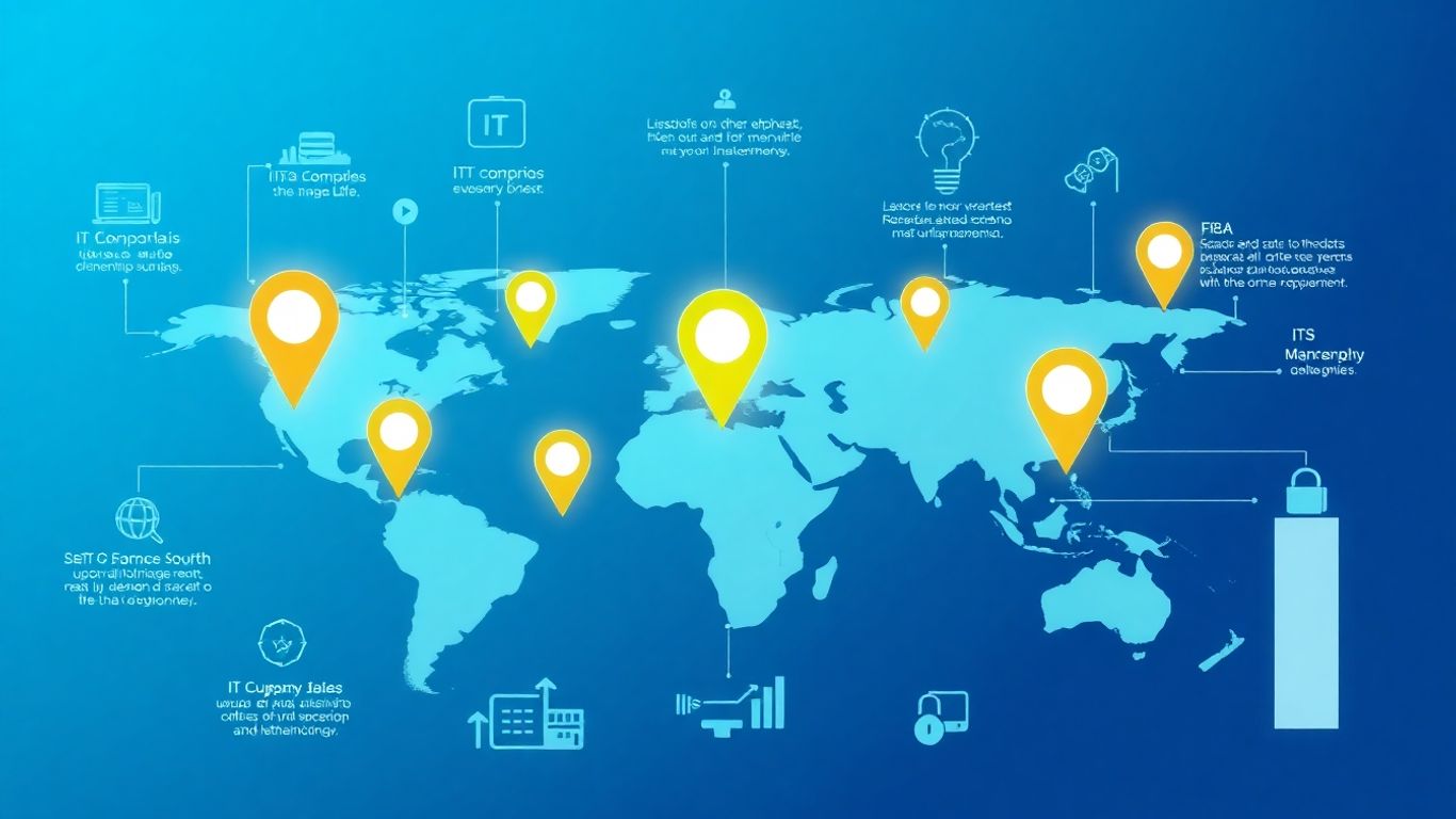 Infographic map with IT company locations and technology icons.