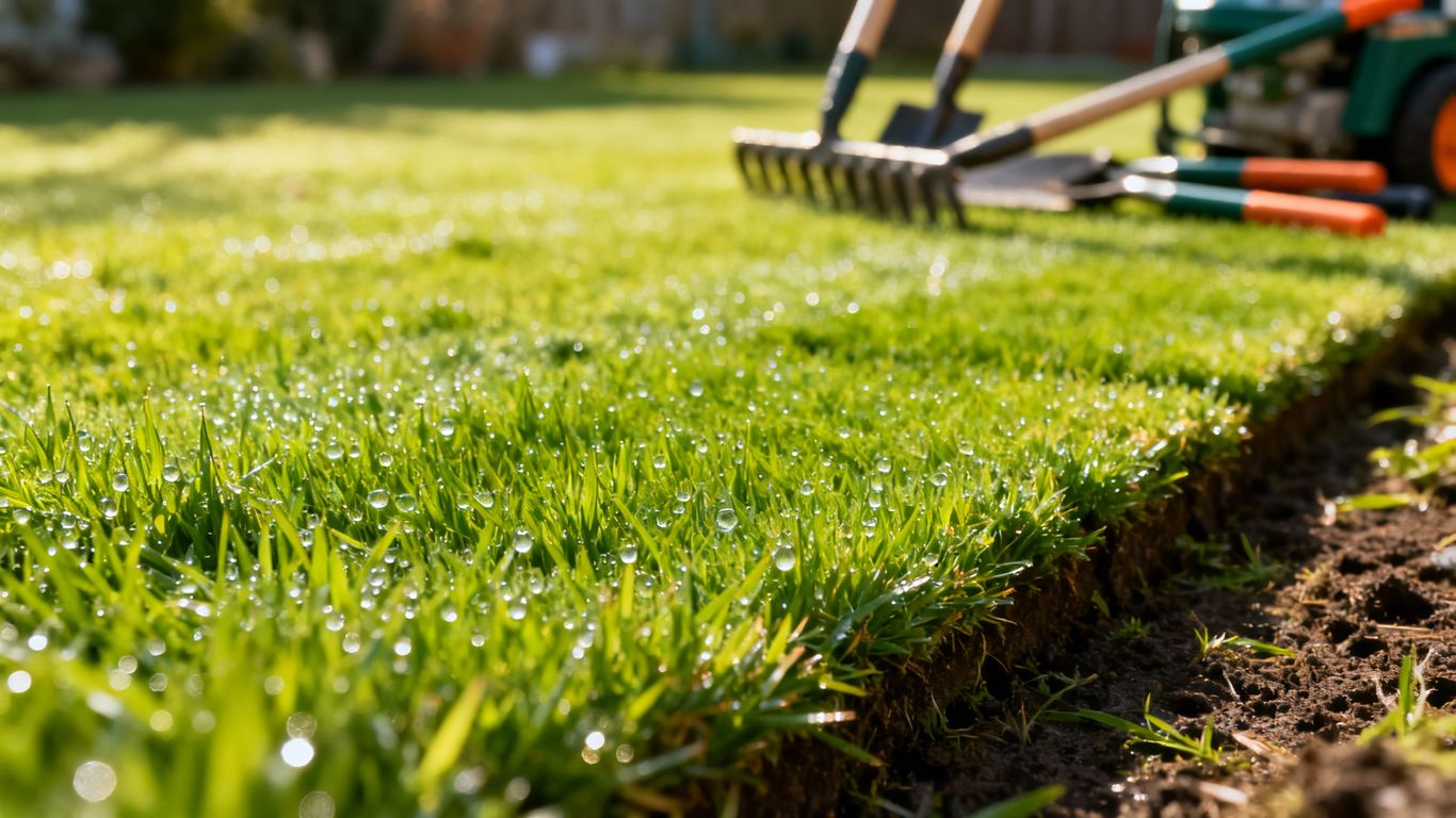 Professional lawn care in February sunlight.