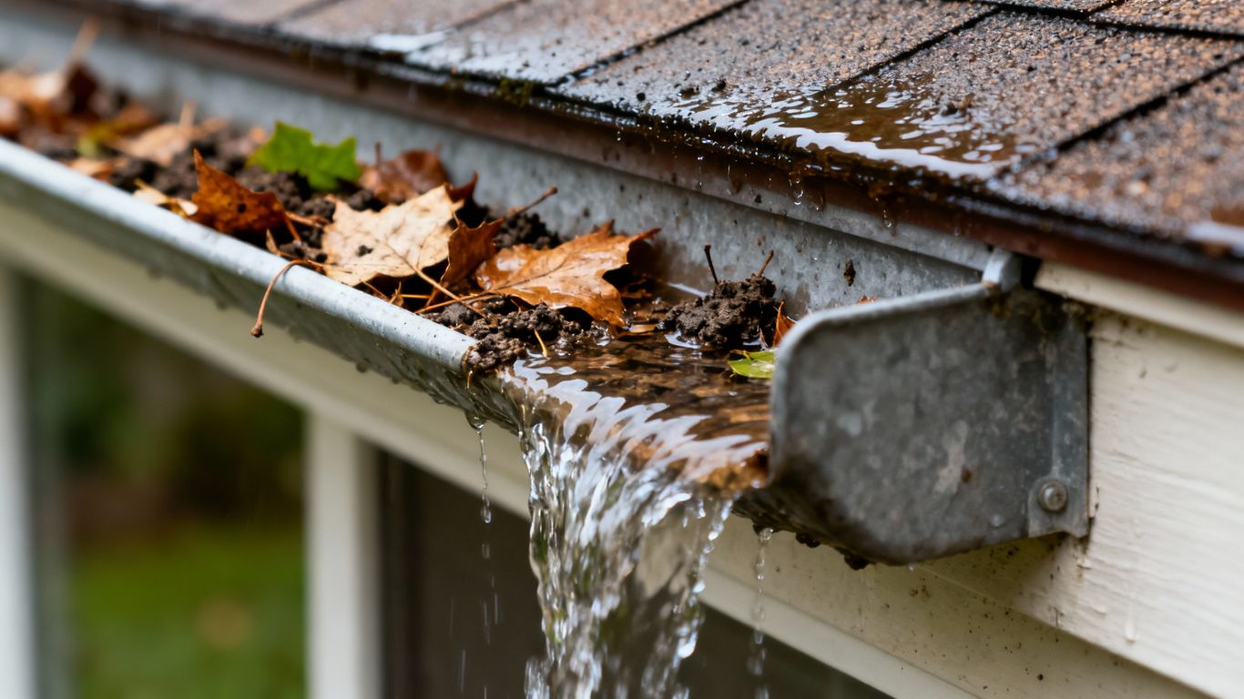 Clogged gutters overflowing with water and debris.
