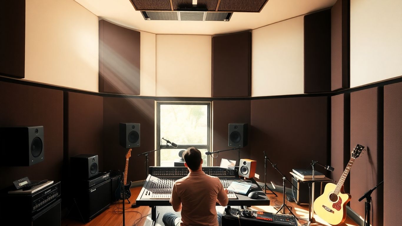 Recording studio with mixing desk and microphones.