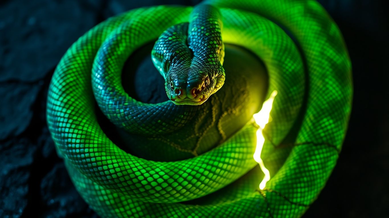 Python snake protecting a cracked stone.