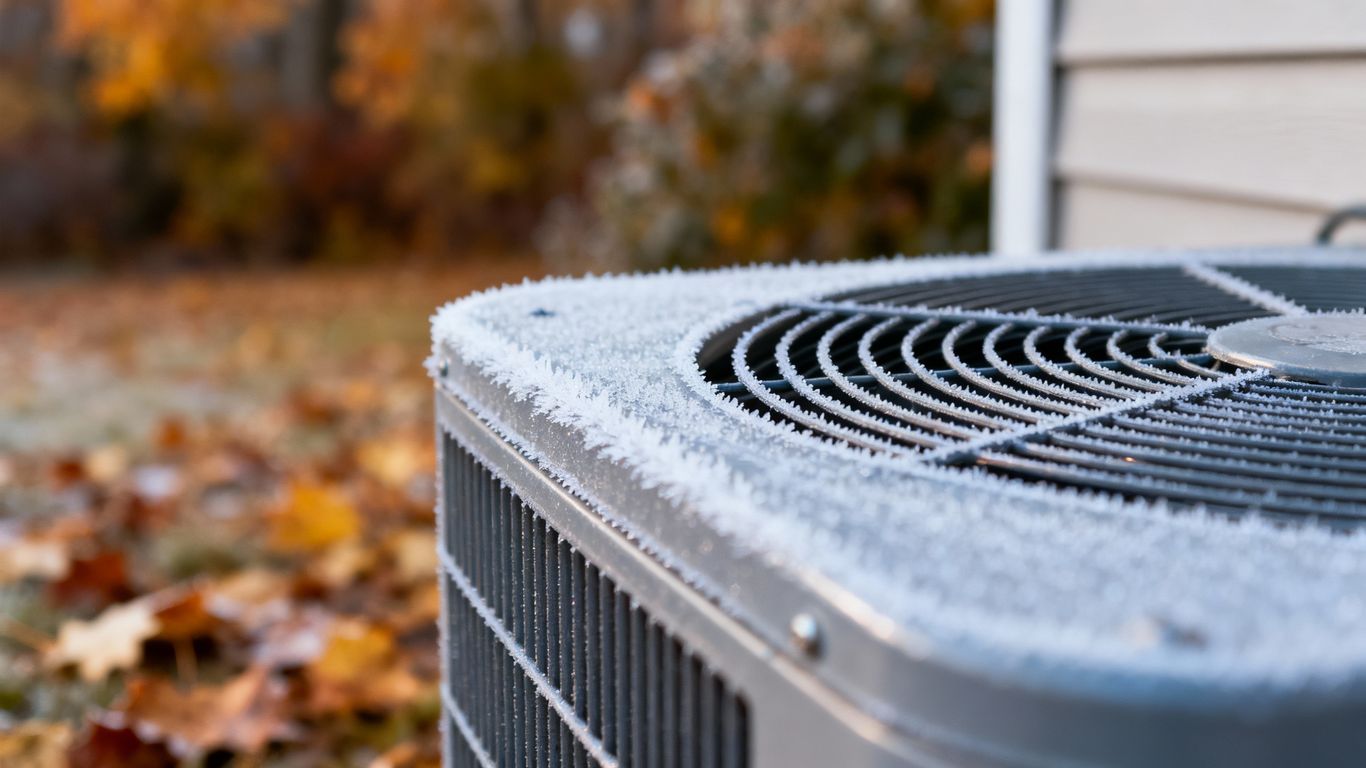 Air conditioner unit with frost, autumn leaves background.