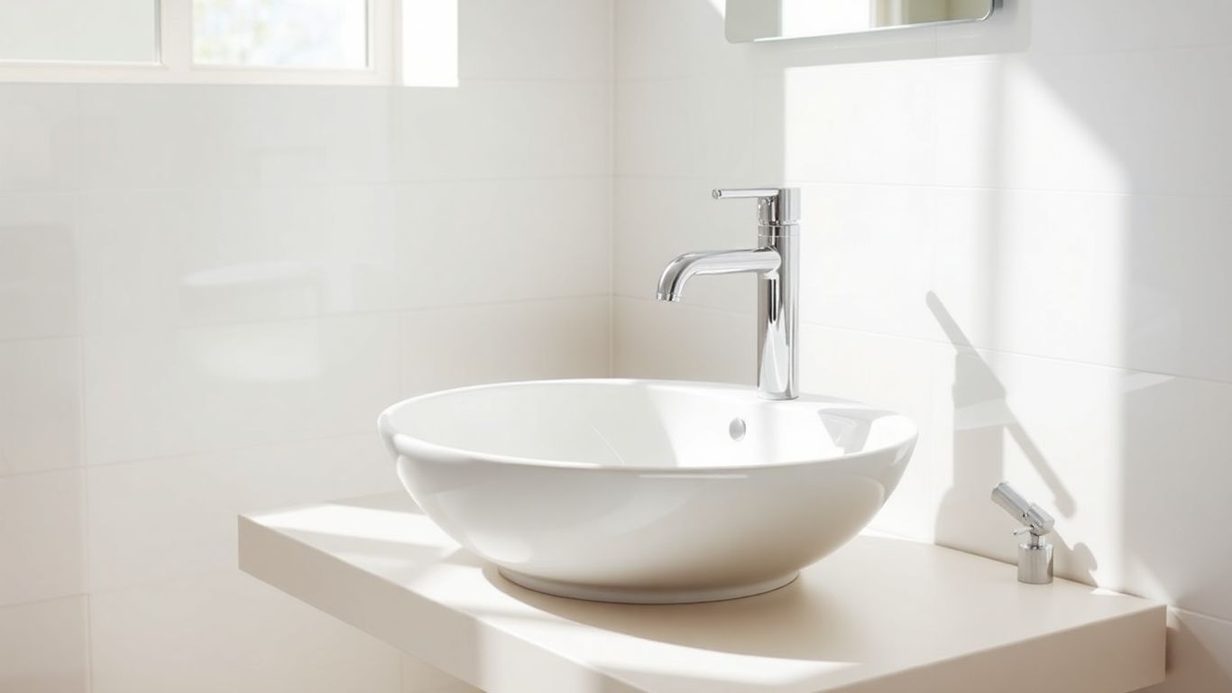 Modern bathroom with a white ceramic wash basin.