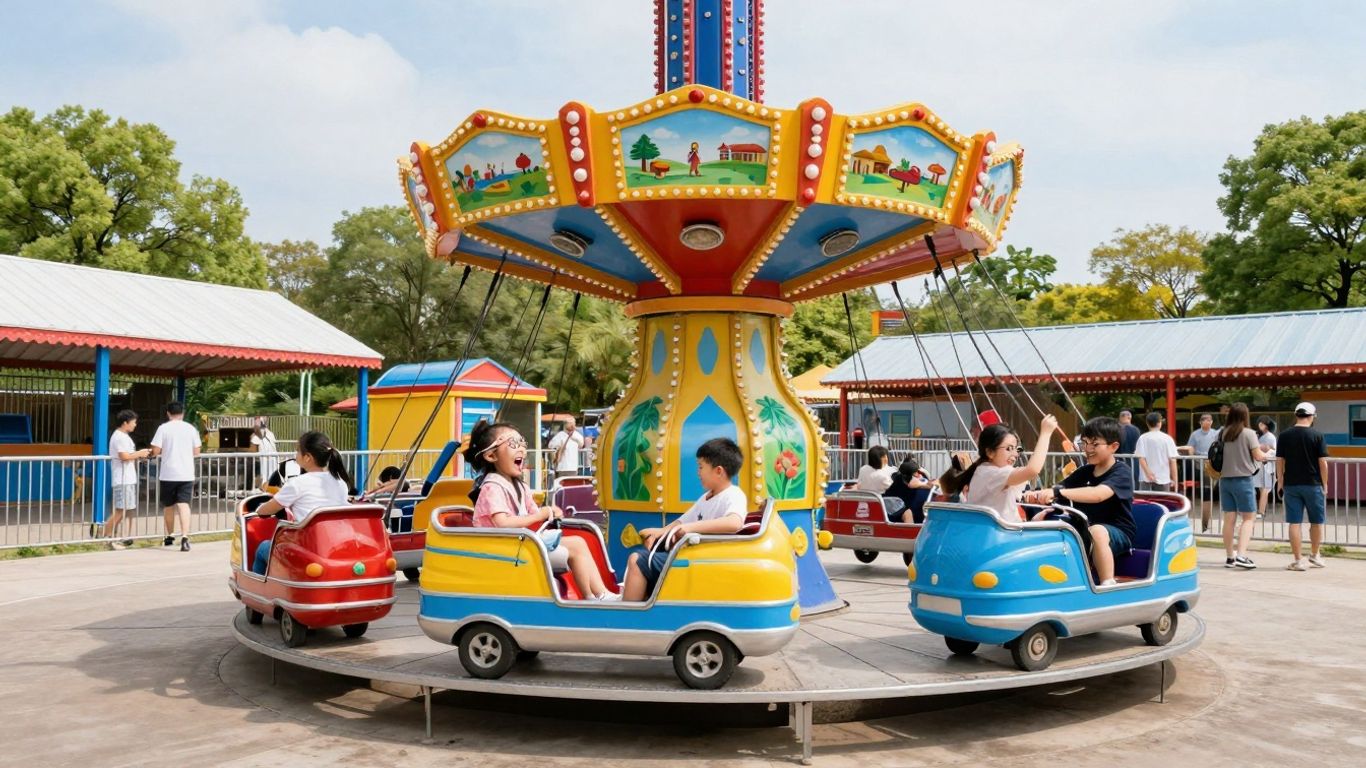 Kernie's Familienpark mit fröhlichen Kindern und bunten Attraktionen.