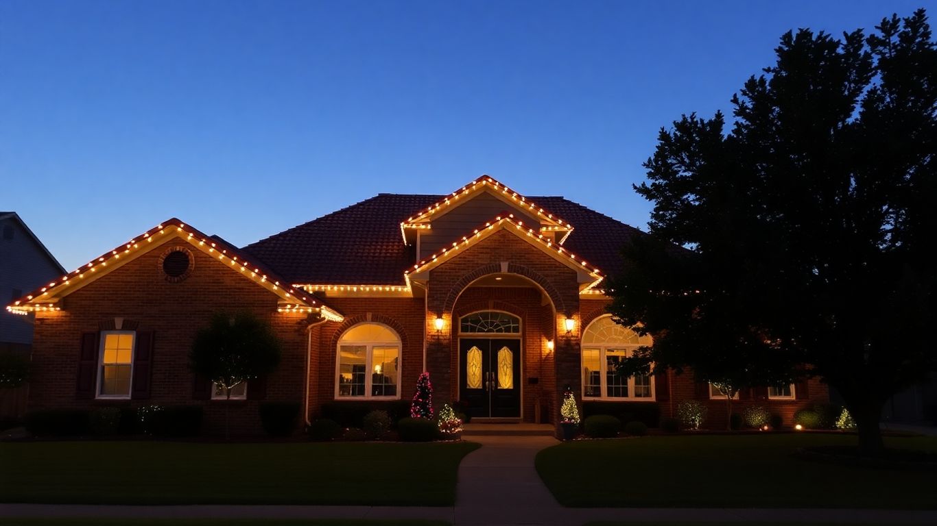 House in Sunset Hills with permanent Christmas lights at dusk.