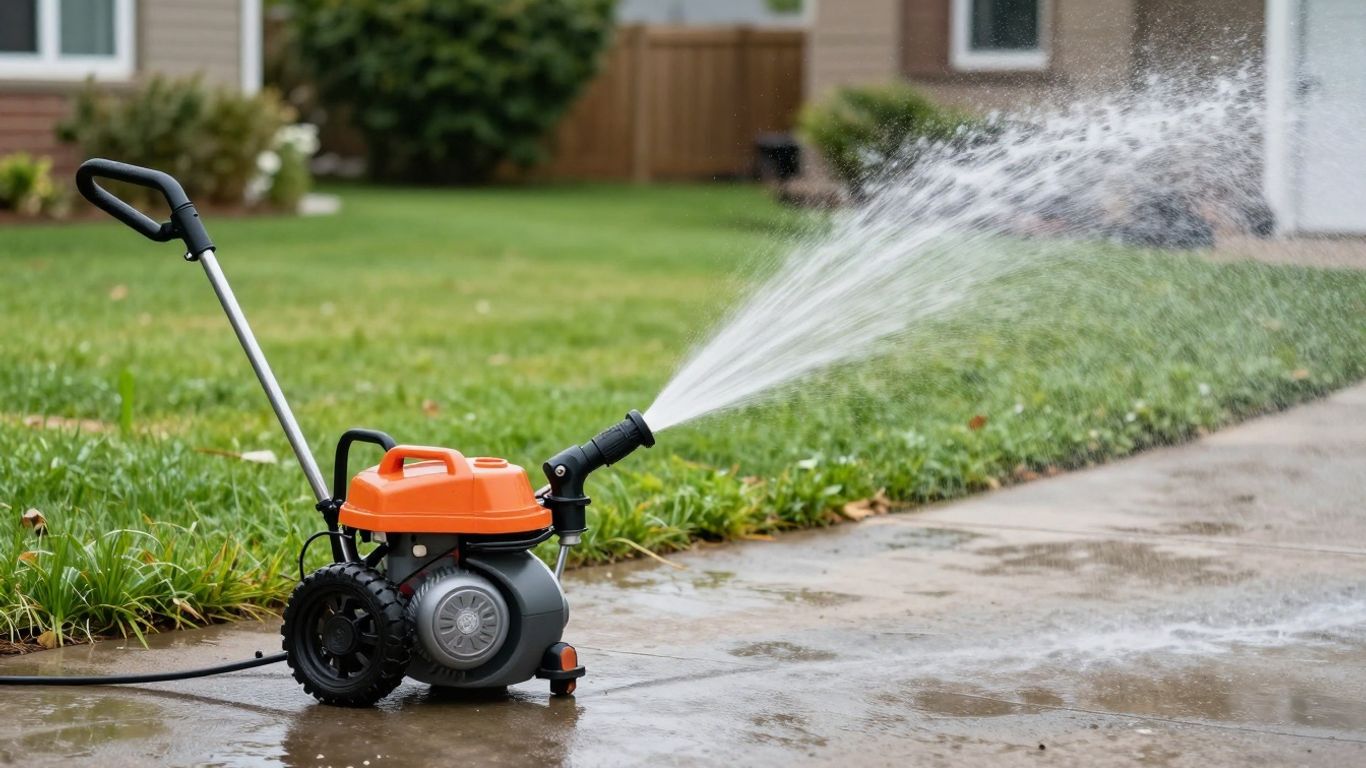 Petrol jet wash machine spraying water on a driveway.