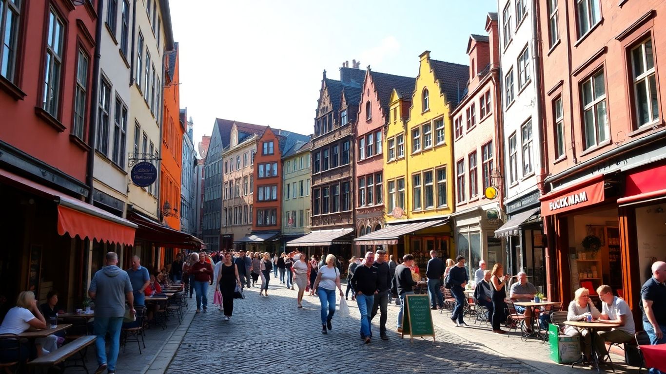 Buntes Viertel in Köln mit Cafés und Geschäften