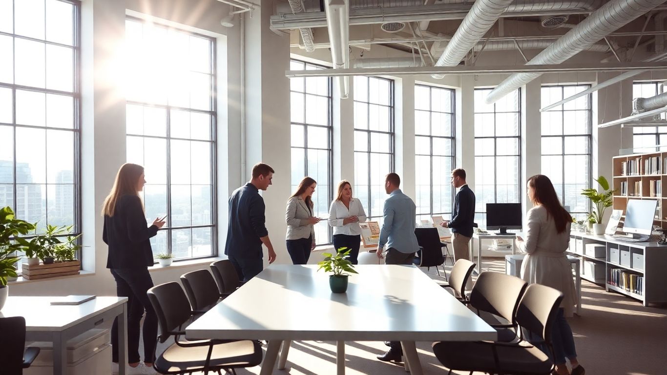 Modern office collaboration space with natural light.