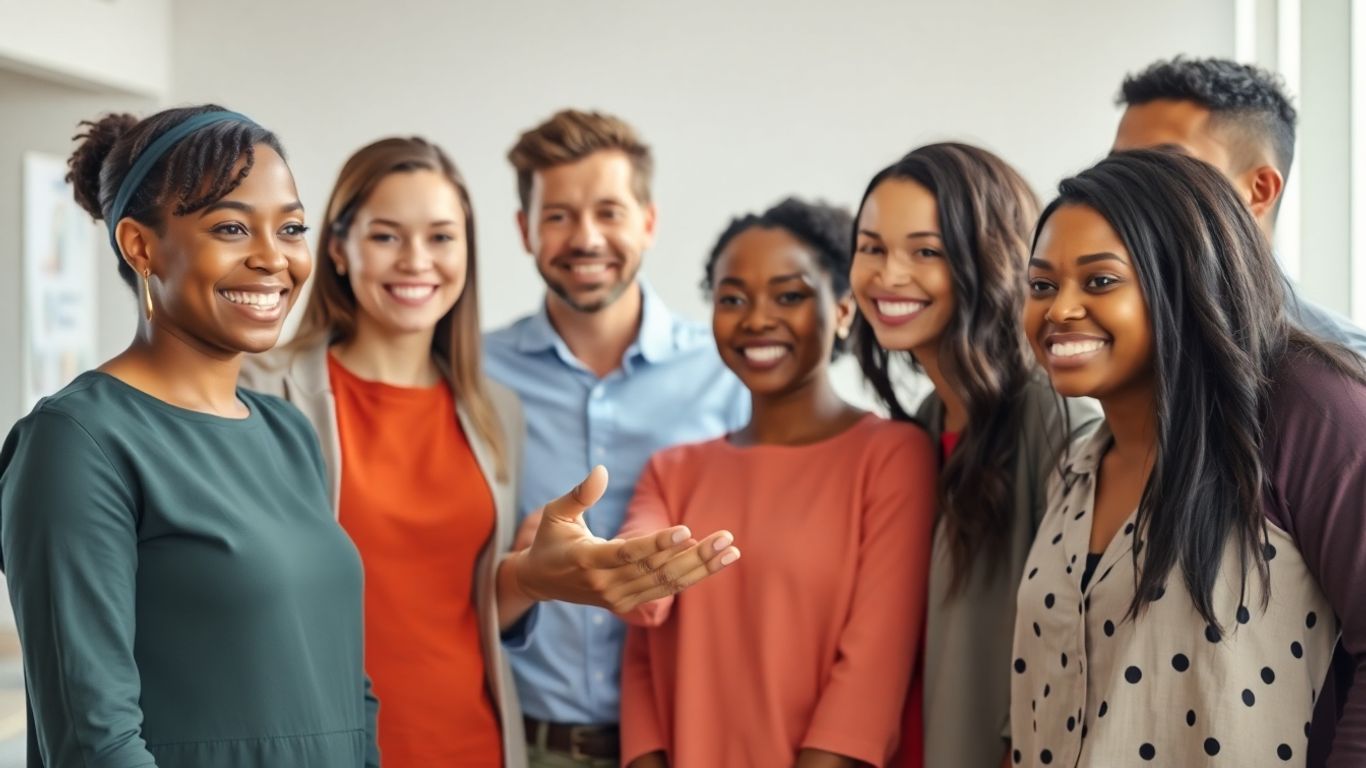 Menschen im Team lächeln und arbeiten zusammen.