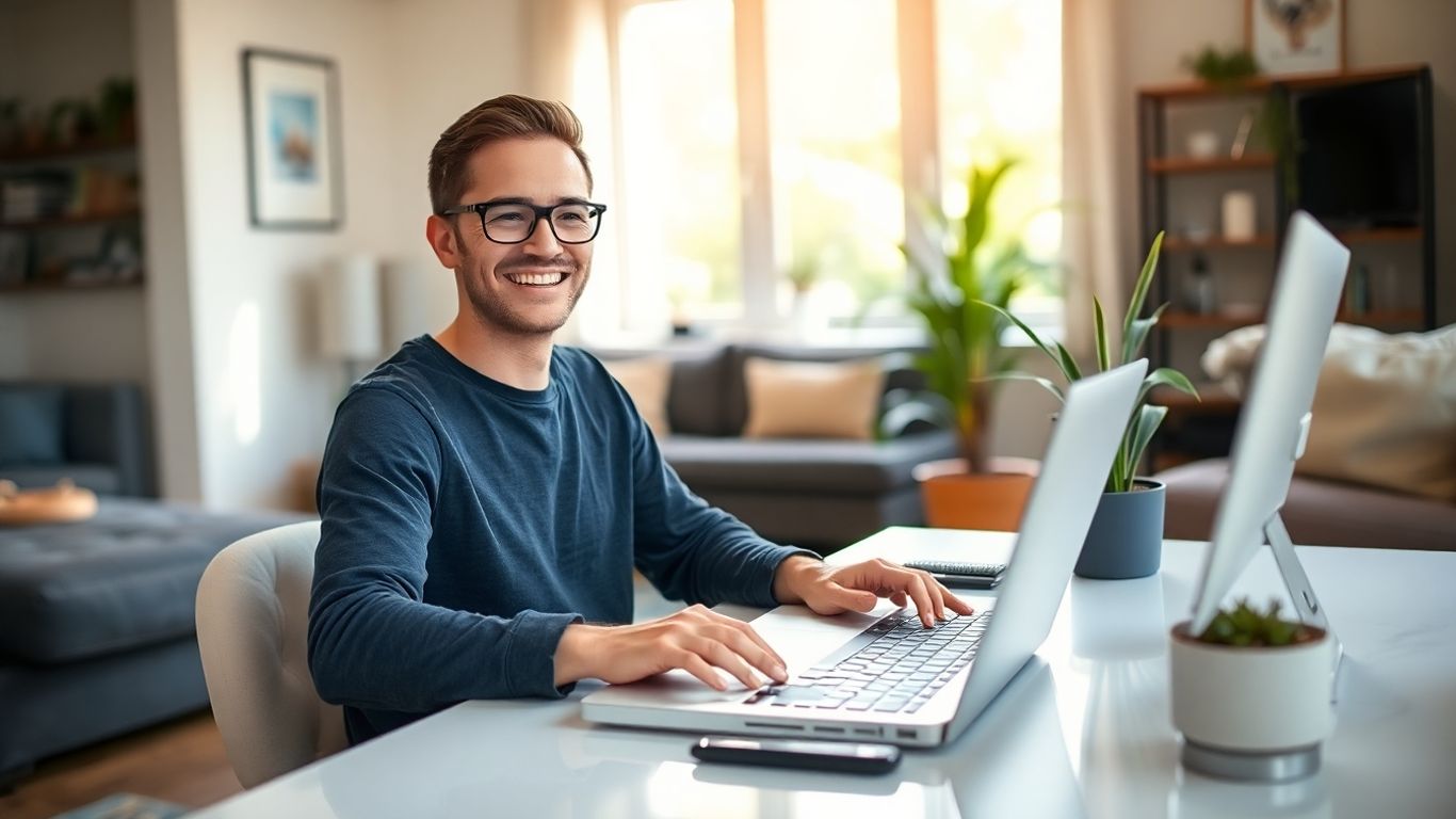 Person working on laptop at home desk.