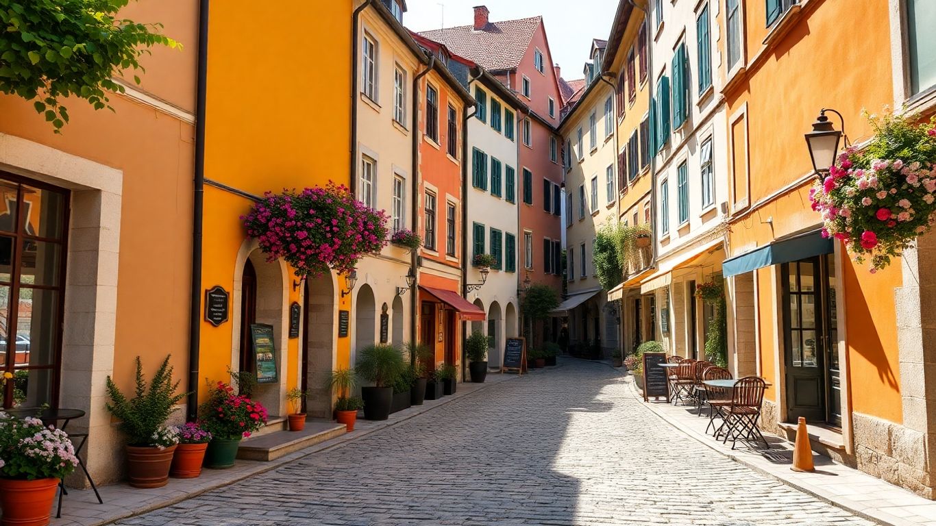 Rue pavée à Samobor avec des bâtiments colorés.