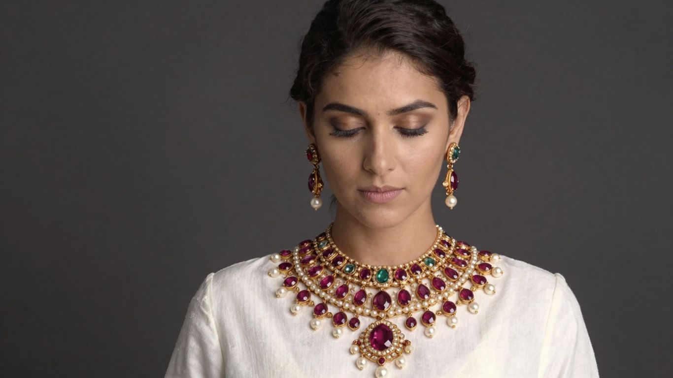 Exquisite Kundan jewelry set with gemstones and pearls.
