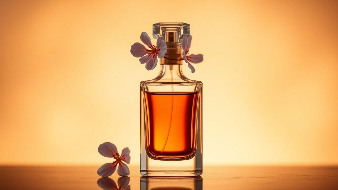 Elegant perfume bottle with flowers.