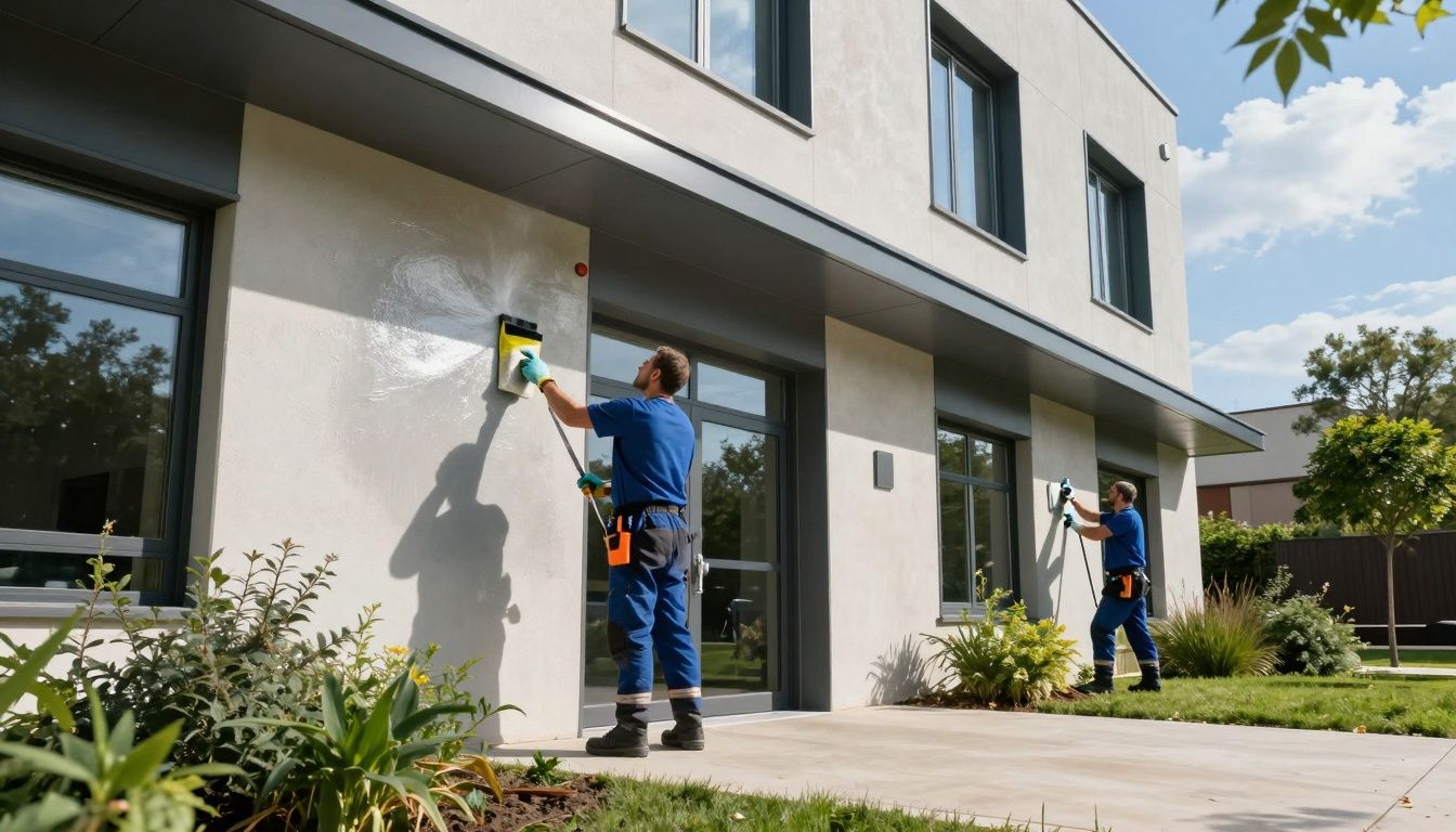 Professional cleaning crew working on a building exterior in Provence.