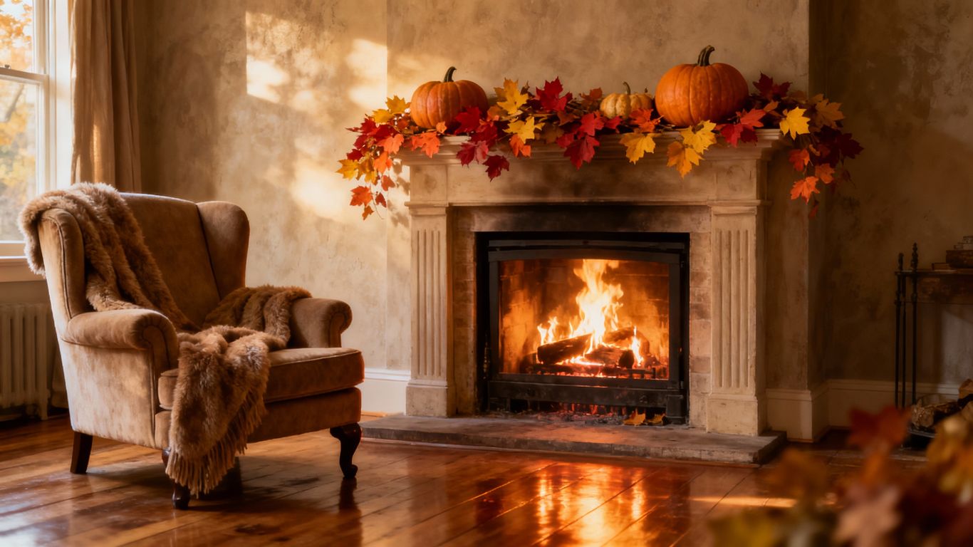 Cozy fall living room with fireplace and pumpkins.