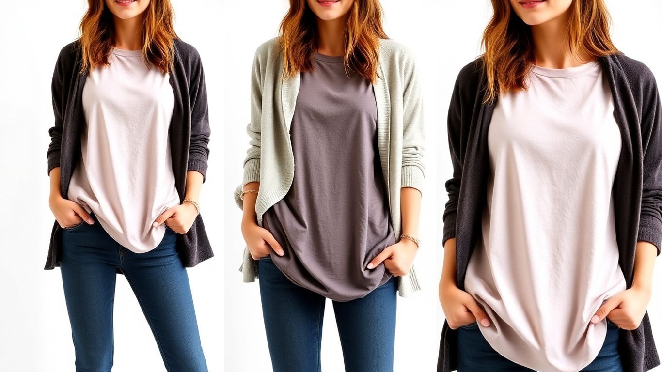 Woman in baggy t-shirt layered with jacket.