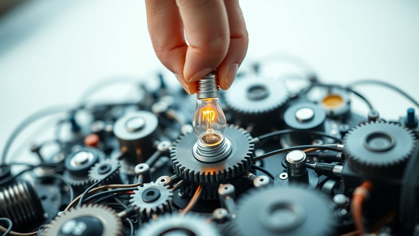Hand placing lightbulb into complex machinery.