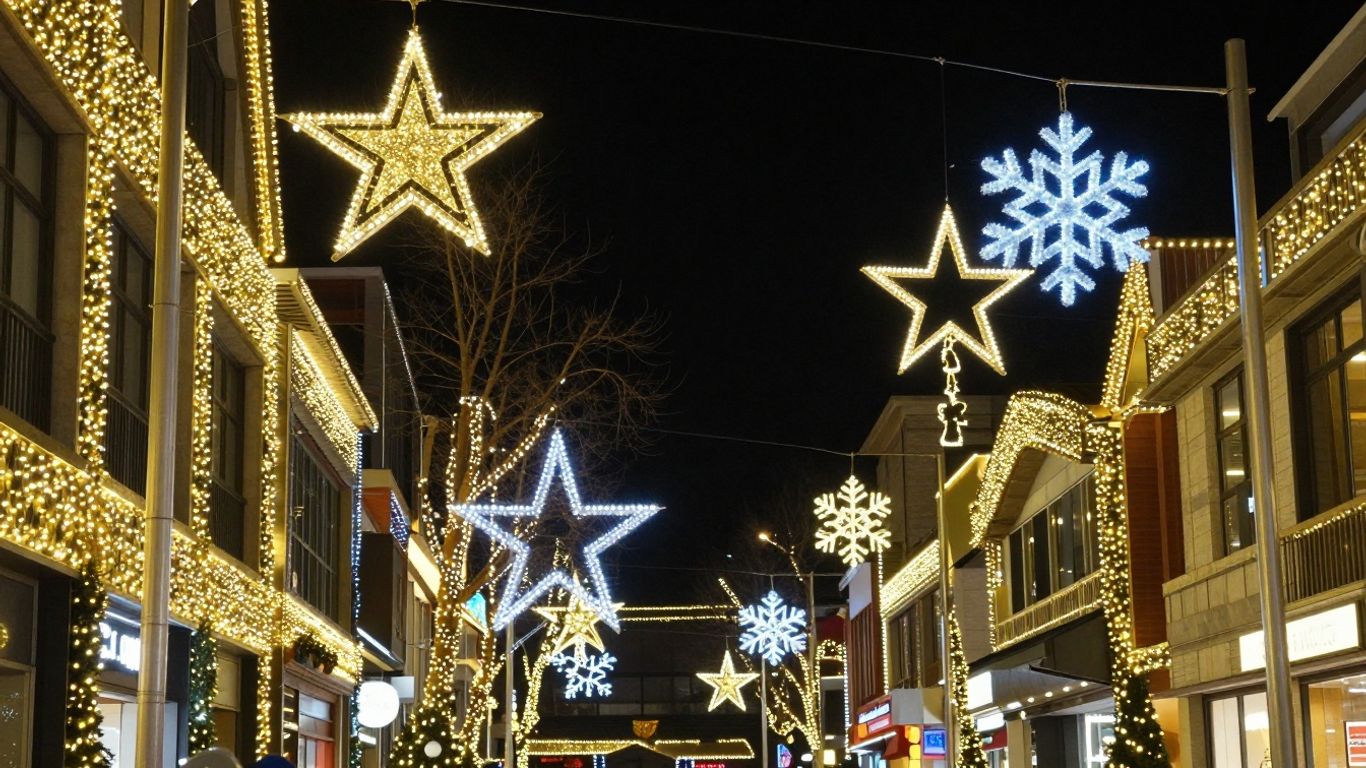 Bright commercial Christmas lights illuminating a town at night.