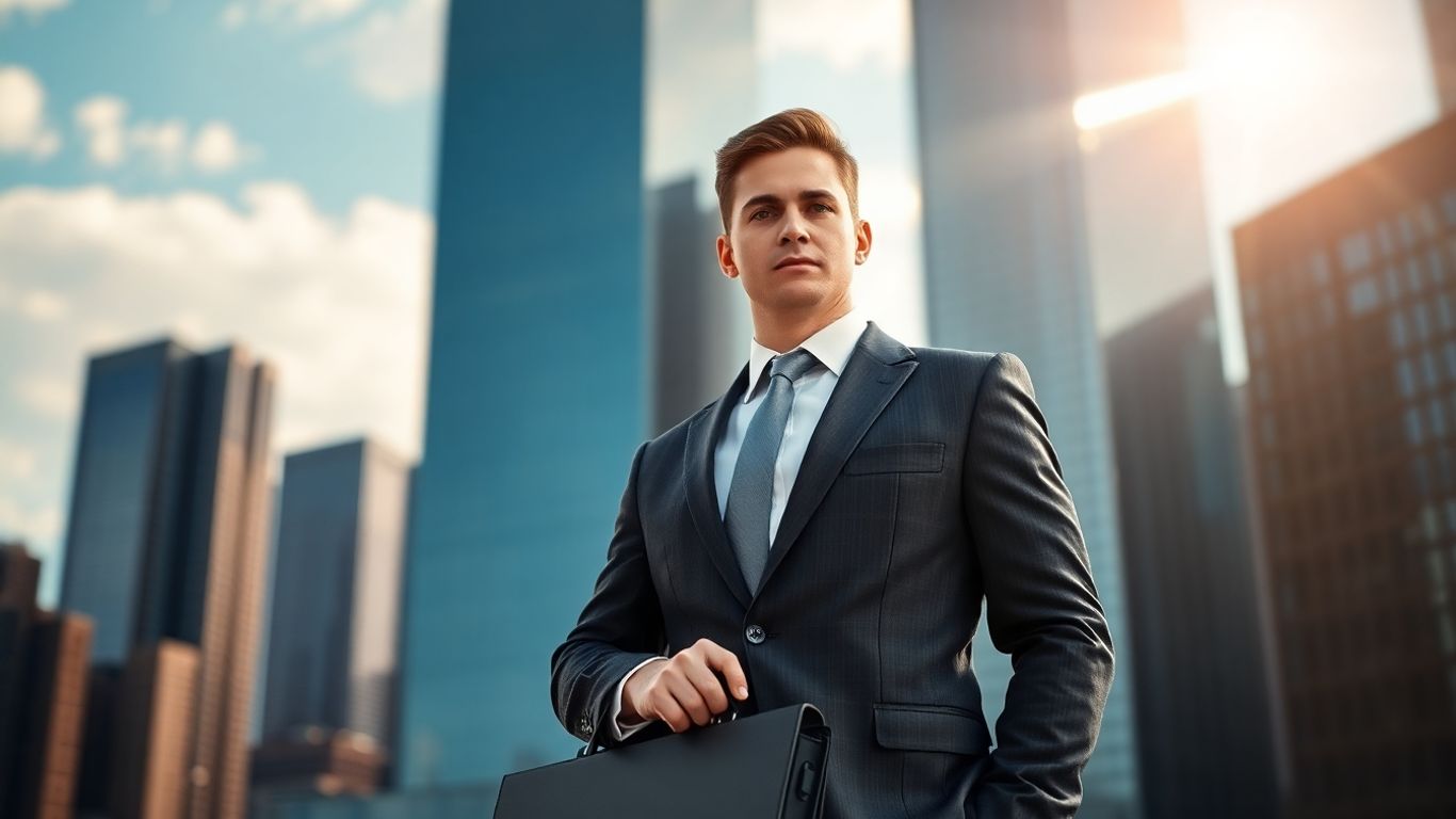 Man in suit looking towards city skyline, briefcase in hand.